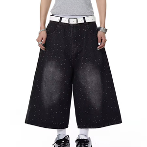 Shorts en <span class=keywords><strong>jean</strong></span> personnalisés pour femmes, shorts en <span class=keywords><strong>jean</strong></span> décontractés avec strass pour femmes, pantalons <span class=keywords><strong>mi</strong></span>-jeans amples - Product Image 3