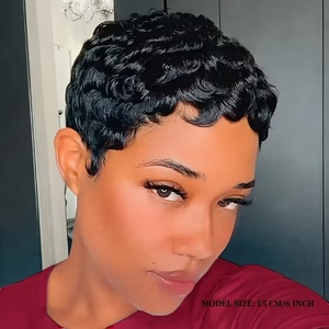 Peluca de Cabello Humano Remy Corto Estilo Pixie, Color Negro, Ondulado a Máquina, Estilo Chioma, Longitud Reservada, Peluca Adecuada - Product Image 1