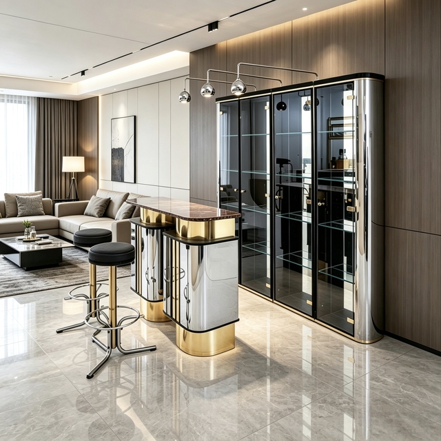 Premium Freestanding Wine Cabinet with Multi-Tier Glass Storage and Polished Metal Accents for High-End Residence Wine Cabinet