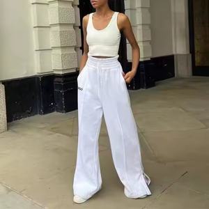 Pantalones de Verano de Algodón OEM para Mujer, Pantalones Plisados con Abertura, 100% Algodón French Terry, Pantalones Deportivos de Pierna Ancha y Cintura Alta para Mujer - Product Image 3