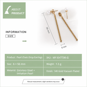 Pearl <b>Chain</b> Drop <b>Earrings</b> Stainless Steel 14K Gold Vacuum Plated Long Curb <b>Chain</b> Imitation Pearl <b>Stud</b> <b>Earrings</b> - Product Image 2