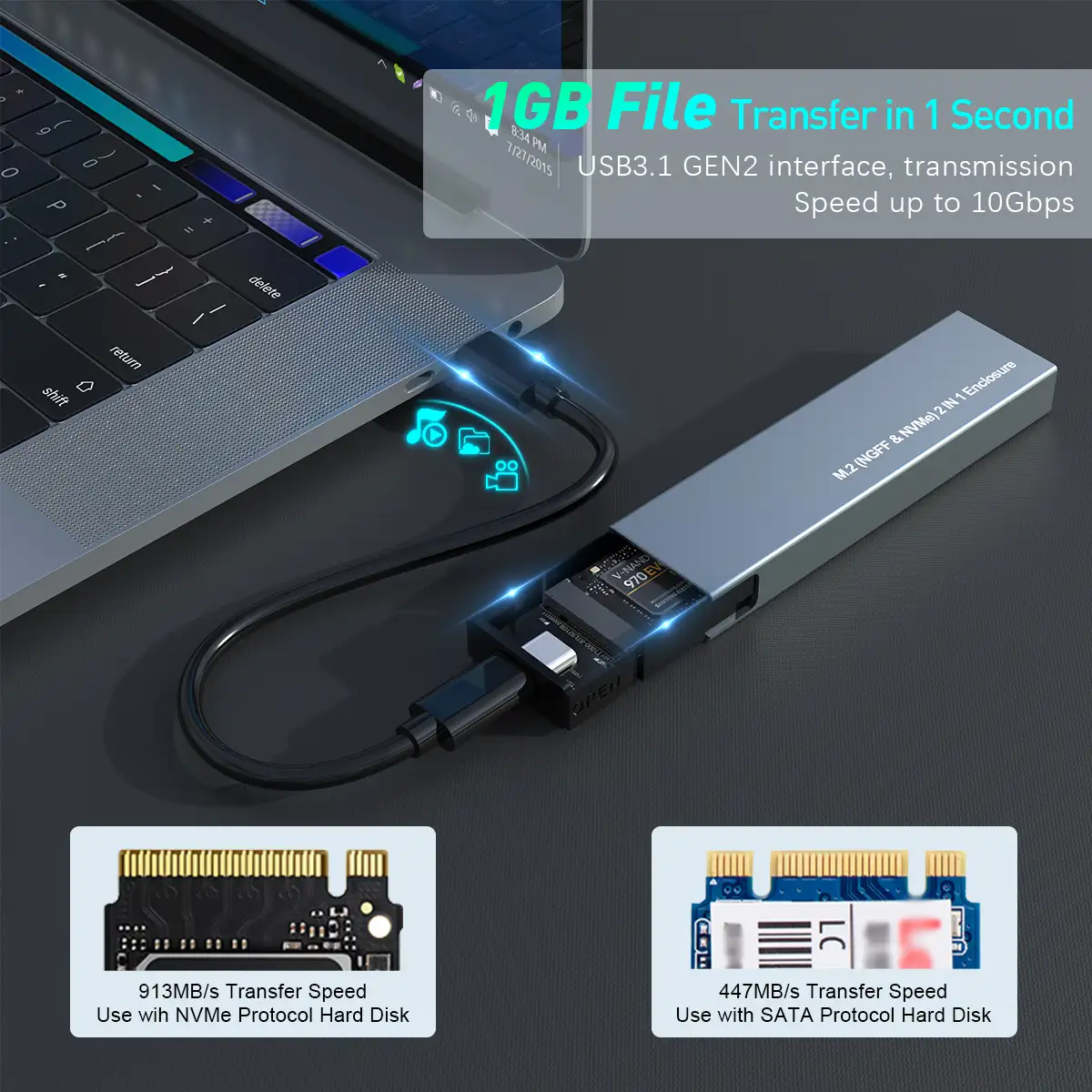 Alluminio M.2 NVME e SATA NGFF Enclosure Doppia Protocollo Gen 2 USB 3.1 M.2 SSD Hard Disk Drive Adattatore HDD UASP NGFF