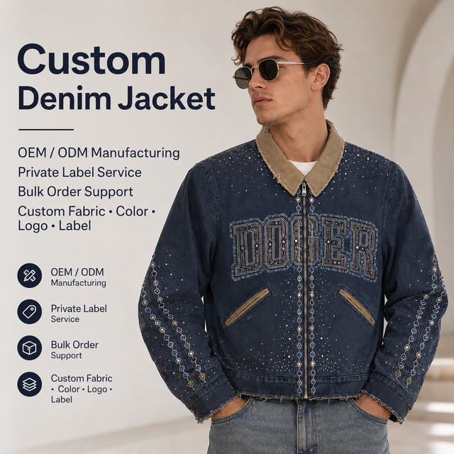 Custom Mens Denim Jacket Rhinestone Beaded Embroidery Vintage Washed Zip up Raw Hem Streetwear OEM Denim Jacket for Distributors