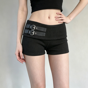 Dark Gothic Punk Style Breathable <b>Belt</b> Waistband Patchwork Fold Over Women's Knit Ribbed Shorts - Product Image 3