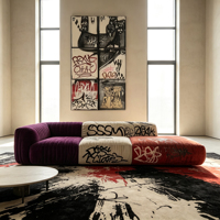Canapé modulaire en velours patchwork en forme de L, style graffiti personnalisé, pour salon commercial