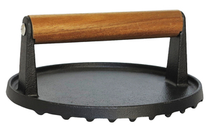 Prensa redonda <span class=keywords><strong>de</strong></span> hierro fundido con mango <span class=keywords><strong>de</strong></span> madera, precurada, para asar carne, hamburguesas, bistecs y tocino en parrillas y sartenes. - Product Image 4