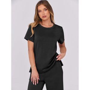 Ensemble de détente 2 pièces pour femme, manches courtes, pantalon large, tenue décontractée assortie, survêtement d'été respirant en maille - Product Image 5