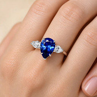 Bague Kirin personnalisée en argent sterling 925, trois pierres, plaquée rhodium, zircon bleu en forme de poire, bijoux OEM ODM