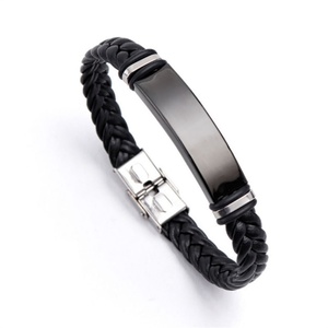 Fashion Magnetic Clasp Men's Stainless Steel Bracelet Custom <b>Engraved</b> logo Blank Charm Leather Bracelets - Product Image 2