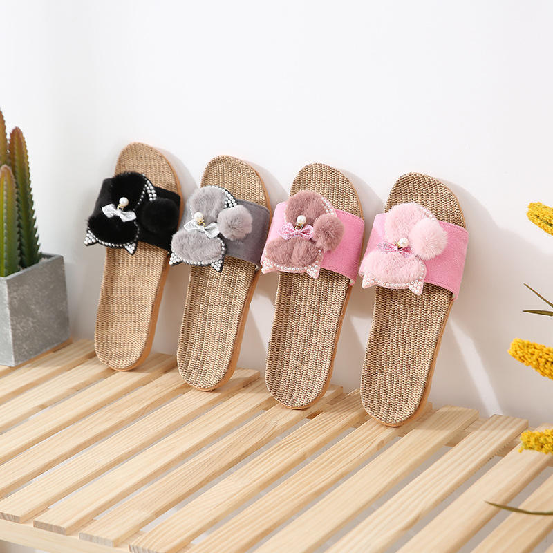 Zapatillas de ante y lino para mujer, con pelo de animal, perlas
