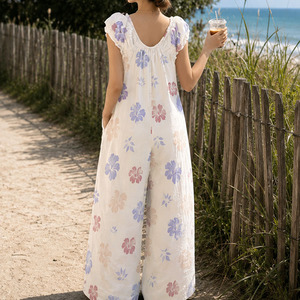 Mono largo informal de verano al por mayor, holgado, con estampado Aloha, elástico, personalizado, transpirable, de lino y algodón. - Product Image 2