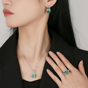 Fashion Eco-friendly Copper 12*12MM Emerald Green Zircon Pendant <b>Earrings</b> Ring Jewelry Elegant Simple Wedding Sets - Product Image 6