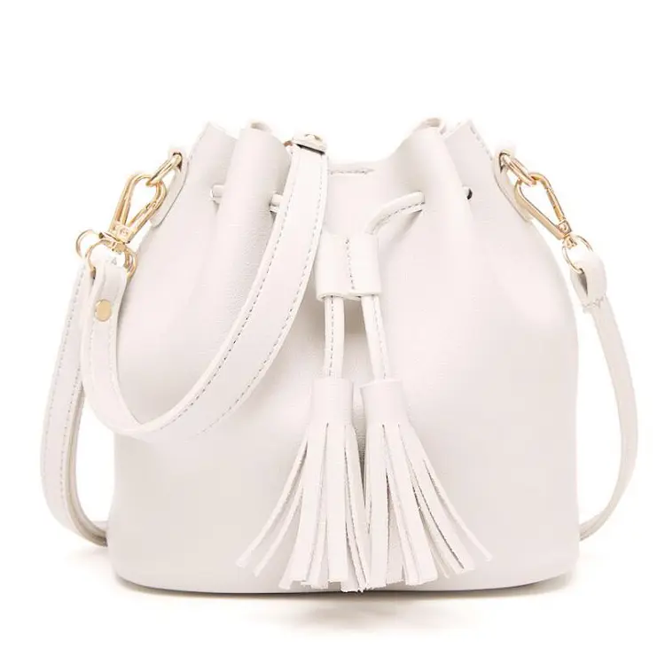 Bolso de mano a la moda para mujer, bolsa de cubo con cierre de cadena, con borla, color blanco, 2020