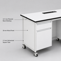 Banc de laboratoire mobile en acier et bois avec roulettes de nivellement Fuma, armoire à tiroirs et module d'alimentation intégré pour usage scolaire, hospitalier et en atelier