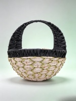 Panier à fleurs beige vert imitation osier, poignée enveloppée de tissu noir, doublure en plastique, pot de jardin extérieur