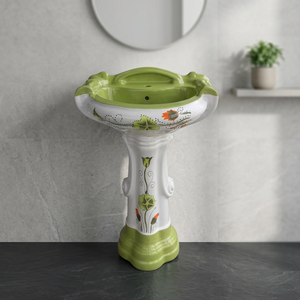 Green Marble Effect Round Ceramic Designer Wash Basin with Full Pedestal - Product Image 6