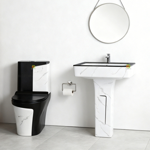 Set Moderno per <span class=keywords><strong>Bagno</strong></span> con WC in Porcellana e Lavabo su Colonna, Set Completo in Ceramica Effetto Marmo Nero - Product Image 1