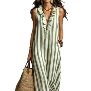 Vestido Largo Bohemio Nuevo de Primavera/Verano 2026 sin Mangas de Lino con Rayas Estampadas Estilo Europeo Americano para Sitios Independientes - Product Image 5