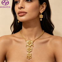 Parure de bijoux en filigrane floral plaqué or 24 carats, collier pendentif fleur 3 couches et boucles d'oreilles pendantes, style Dubaï, bijoux de mariée pour femme