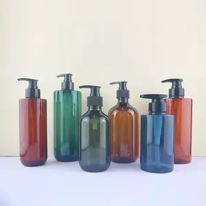 Bouteille de distributeur de lotion de shampooing en plastique d'emballage de soins de la peau en PET vert bleu ambre de 300ml 500ml vente en gros de stock