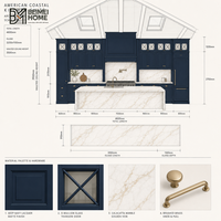 Armoires de cuisine bleu marine BEIMEI style américain, plafond voûté, puits de lumière, transom en verre à moulures en X, îlot Calacatta, menuiserie de villa