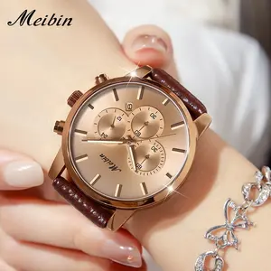 MEIBIN Leather Strap Women Watch Digital Sport Luxury Waterproof Led Custom Wrist Watch Original with Bracelet Ladies Glass 10mm