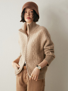 Suéter cárdigan de Cachemira de peso pesado con cuello de solapa de punto de cable con cremallera de doble cara para <span class=keywords><strong>mujer</strong></span> - Product Image 6