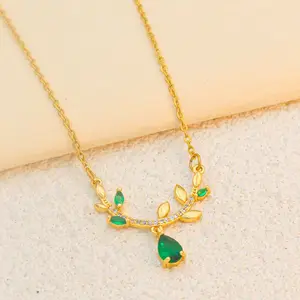 Women's Daily Wear Fashion Jewelry Necklace Double Ring Green Leaf Gold Plated Cubic Zirconia Copper Pendant Gold Plated Copper