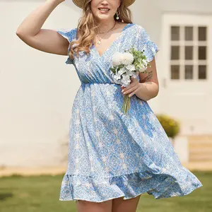 Hot Sales Floral Digital Printing Stretch Satin Fabric Career Women Ruffles Sleeve Casual Formal Summer Dress