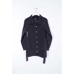 Robe longue décontractée en jean avec ceinture et boutons-pression, style simple, technique délavée légère, pour l'hiver et l'été, logo frontal - Product Image 1