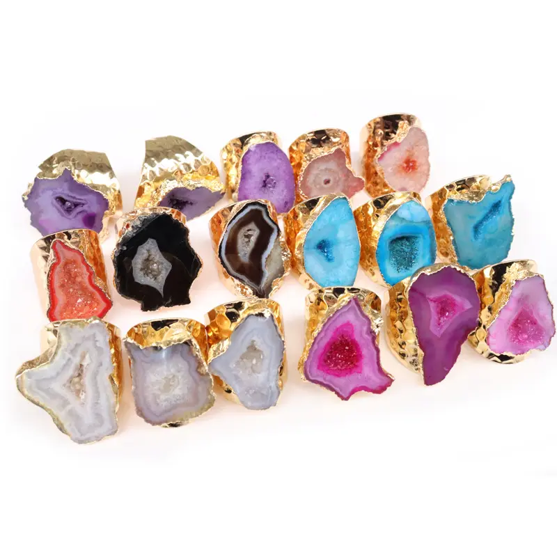 Fashion Agate Crystal Hole Ring For Men And Women Rough Stone Brass Gold Plated Natural Gemstone Jewelry