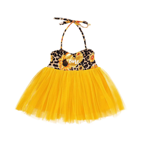 Vestido de tutú de malla amarilla suave de varias capas con estampado de girasoles y cuello halter para bebés y niñas pequeñas, lavable, ideal para sesiones de fotos y celebraciones de cumpleaños. - Product Image 1
