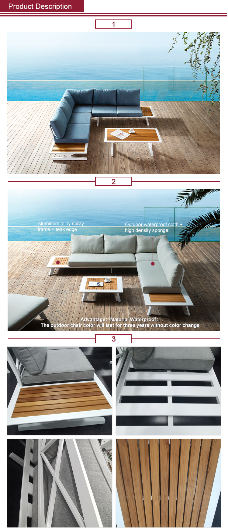 Outdoor Indoor Aluminum Sofa Set Furniture Waterproof Cloth Leisure Sofa Set Sectional