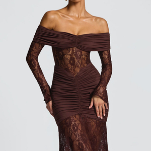 ZYHT 73491 <span class=keywords><strong>Couture</strong></span> hors épaule dentelle pure Sexy à manches longues moulante sirène robe Chic élégante soirée longue robe de Cocktail - Product Image 4