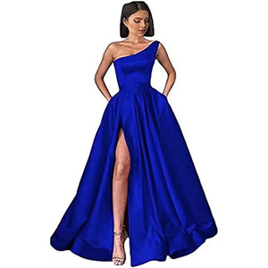 One-Shoulder Long Satin Evening Dress A-Line High Slit Blue Women's Formal Gown - Product Image 1