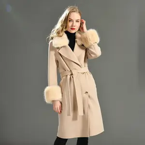 Delle Donne del commercio all'ingrosso Migliore Popolare Double Face Stile Lungo Misto Lana Vera Pelliccia di Volpe Collare di Lana Cashmere Cappotto Con Pelliccia