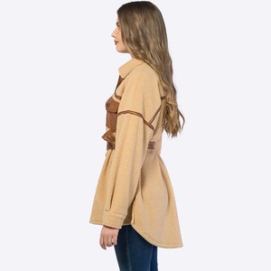 Manteaux décontractés à manches longues en polaire sherpa patchwork marron boutonné pour femmes automne hiver personnalisés - Product Image 4