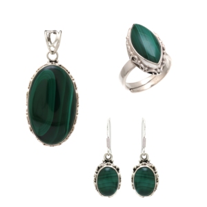 925 Sterling Silver Malachite Jewelry Set Oval Pendant Earrings Ring Bezel Setting Green Gemstone Women's Classic Everyday Wear - Product Image 1