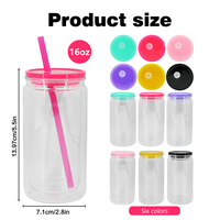 Gobelet à double paroi en acrylique transparent de 16 oz, type Mason Can, avec couvercle en plastique coloré, pour vinyle UV DTF, très vendu aux États-Unis