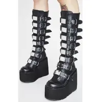 Womens Chunky Platform Knie Hoge Laarzen Hoge Hak Ronde-Teen Zip Punk Goth Mid Calf Combat Laarzen Voor Vrouwen