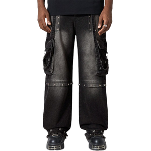 Pantaloni <span class=keywords><strong>jeans</strong></span> da <span class=keywords><strong>uomo</strong></span> di alta qualità a gamba dritta allentato con tasca multi design nero <span class=keywords><strong>grigio</strong></span> con catena lavata per unghie <span class=keywords><strong>jeans</strong></span> da <span class=keywords><strong>uomo</strong></span> - Product Image 1