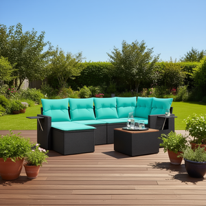 Set di divani da giardino in polyrattan nero, 7 pezzi con cuscini, mobili da esterno in stile moderno contemporaneo - Product Image 2