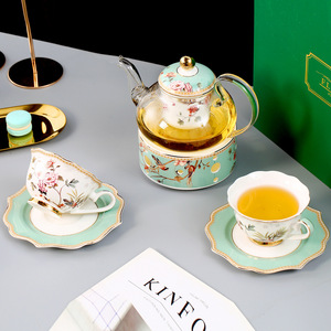 Service à thé en céramique de luxe à motifs floraux <span class=keywords><strong>et</strong></span> d'oiseaux, théière en verre avec base chauffante, service à thé européen pour l'heure du thé <span class=keywords><strong>et</strong></span> les cadeaux - Product Image 2