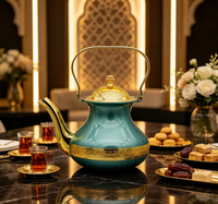 Théière arabe moderne de luxe, corps turquoise avec décoration dorée, bouilloire de service en acier inoxydable Dallah pour cadeau, décoration de table