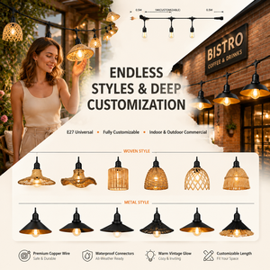 Guirnalda de Luces E27 para Exteriores con Pantalla de <span class=keywords><strong>Campana</strong></span> de Mimbre, Guirnalda de Luces Personalizada con Cable para Jardín, Cafetería, Decoración de Eventos - Product Image 3