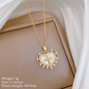 Collar de Moda con Colgante de Cruz de Perlas y Corazón Ondulado, Chapado en Oro, Cadena de Acero Inoxidable, para Hombres, Mujeres, Unisex, Joyería Budista - Product Image 5