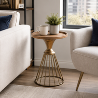 Petite table d'appoint ronde avec plateau en bois de sapin, base en fil métallique, style industriel vintage pour salon