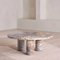 Table basse ronde en marbre Dream Home, trois pieds cylindriques en pierre, plateau en marbre naturel breccié, table de salon moderne