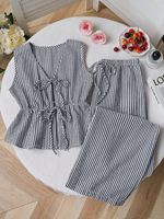 Ensemble deux pièces décontracté pour femme à rayures, comprenant un débardeur sans manches à nouer sur le devant et un pantalon long ample à taille élastique, idéal pour la maison