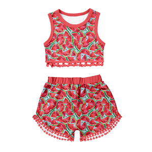 Conjunto de Verano para Niñas de Seda Láctea, OEM ODM, Personalizado con Volantes y Estampado, Traje para Niñas Pequeñas, Conjunto de Ropa sin Mangas con Estampado Floral y de Frutas, Venta al Por Mayor - Product Image 1